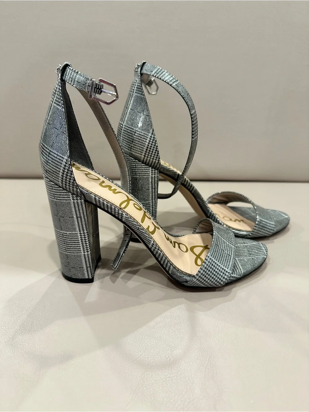 Sam Edelman Gray Plaid Block-Heel Ankle Strap Sandals